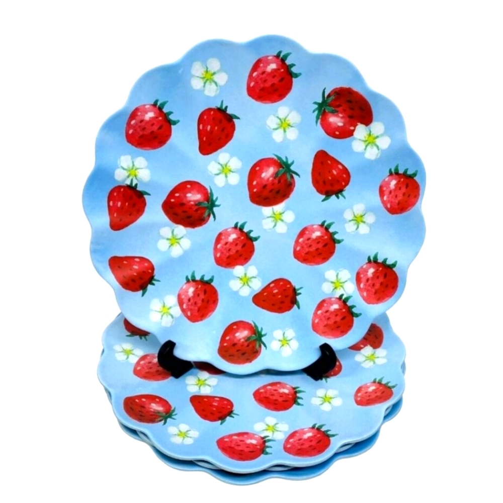 🍓C&C California Home Scalloped Edge Bamboo Dinner Plates 11" Strawberries Set 4